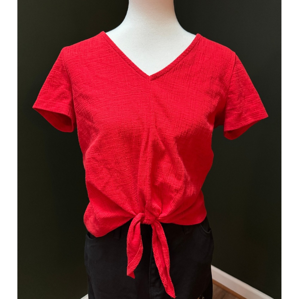 J. Crew‎ Red Textured Tie Front V-Neck Short Sleeve Top Women S